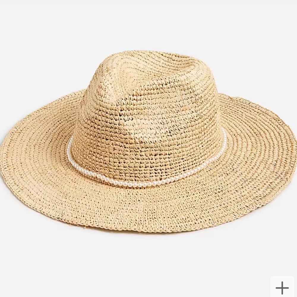 J Crew Wide Brim Packable Straw Hat with Pearls, NWT